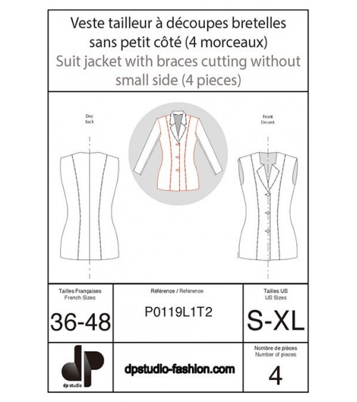 Veste tailleur, à découpes bretelles, sans petit côté ( 4 morceaux )