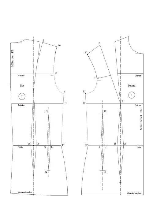 Bodice base with two front and back waist darts