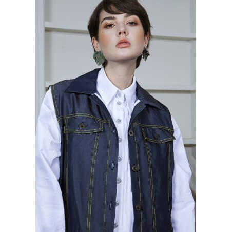Sleeveless jeans-style jacket/coat with classic seam details