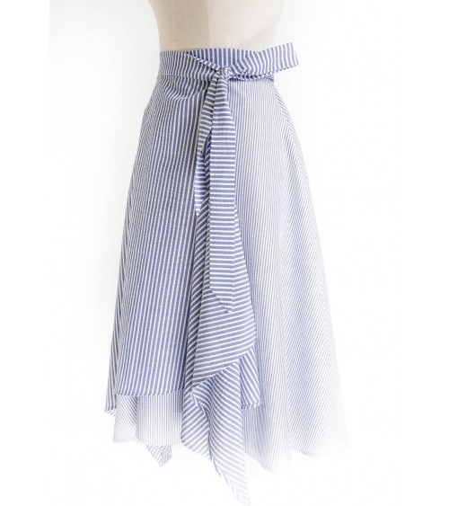 Asymmetric and belted flared wrap skirt