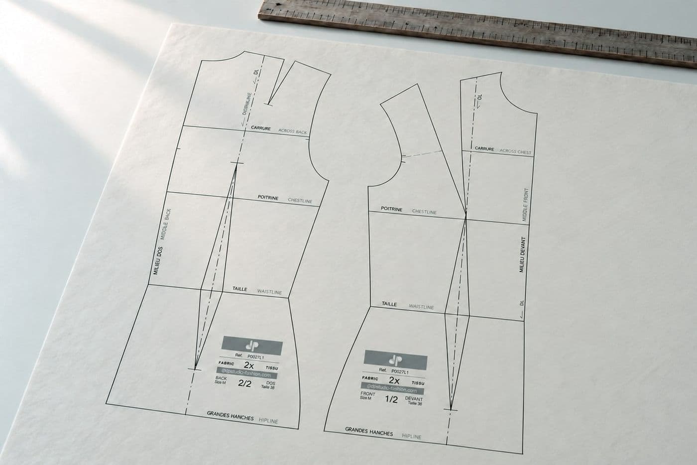 dp studio base patterns, back and front, drafted on paper, with a wooden ruler