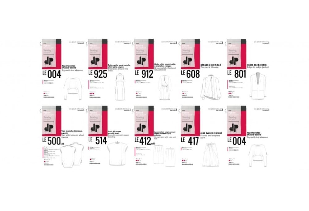 Ten dp studio sewing pattern covers for tops, dresses, a blouse, a jacket and skirts, each with its technical flat