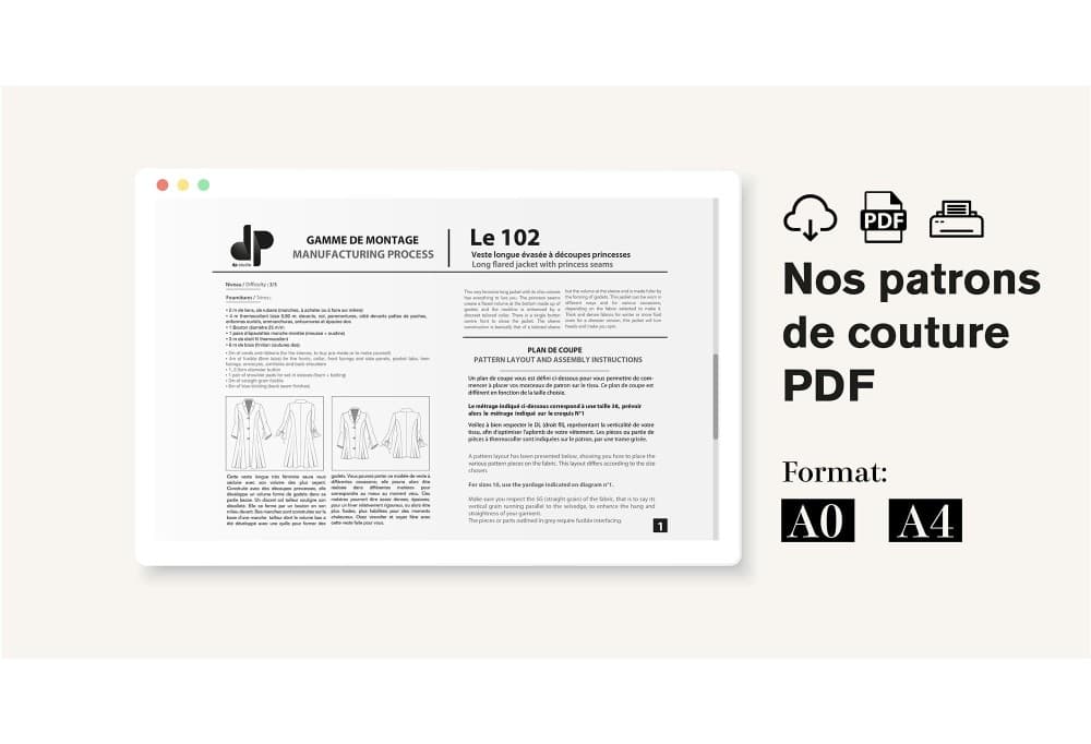 Gamme de montage du patron dp studio Le 102 ouverte à l’écran, à côté du titre « Nos patrons de couture PDF » et des formats A0 et A4