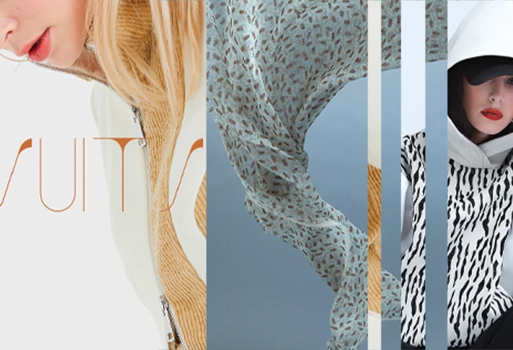 Montage en bandes verticales : veste zippée crème et maille côtelée camel, tissu imprimé en mouvement, capuche blanche et imprimé zèbre