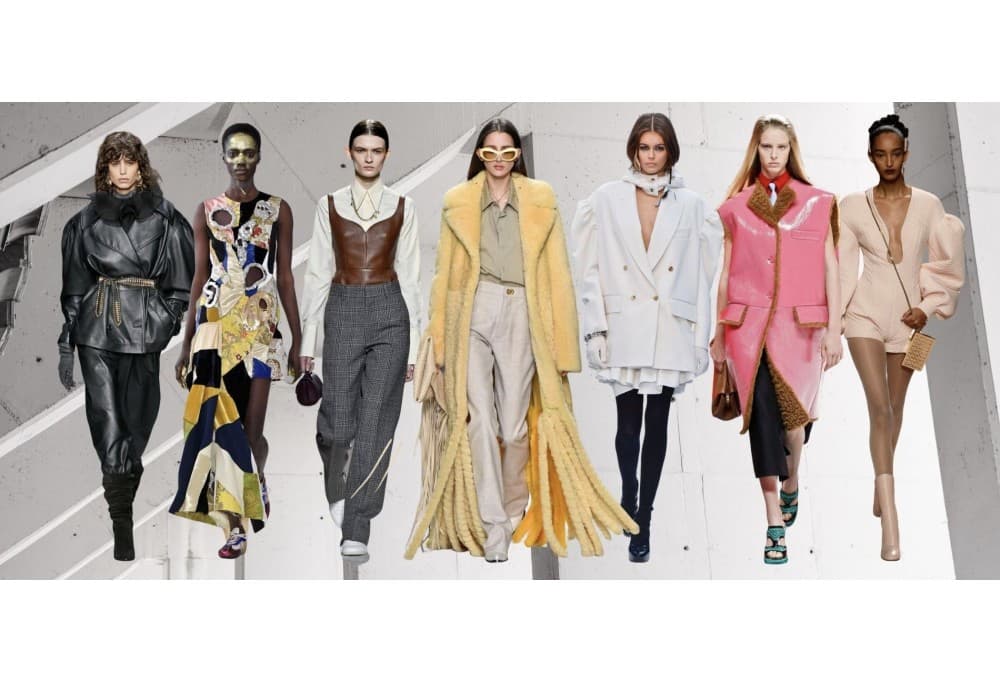 Seven runway looks: black leather, patchwork, leather bustier, fringed yellow coat, white blazer, pink patent gilet and beige knit