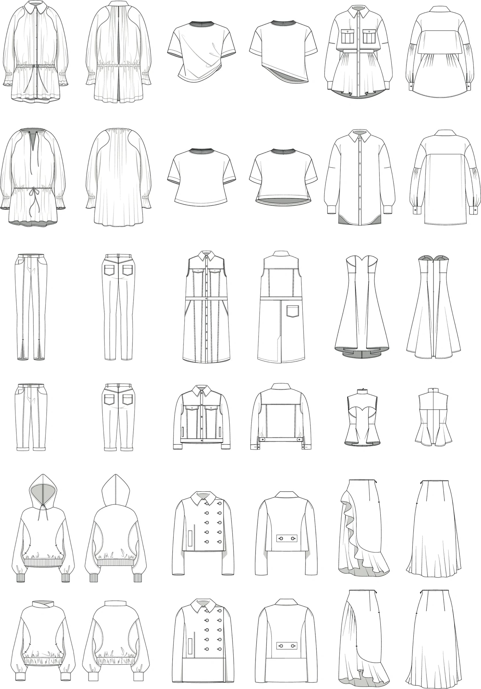 Sheet of thirty-six technical drawings of dp studio models, front and back