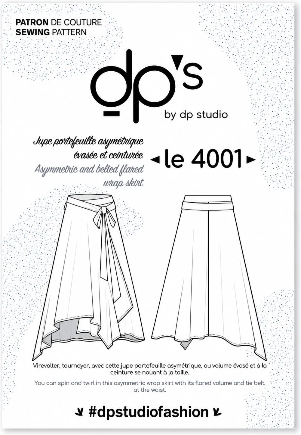 Envelope of the dp’s pattern “le 4001”, asymmetric and belted flared wrap skirt