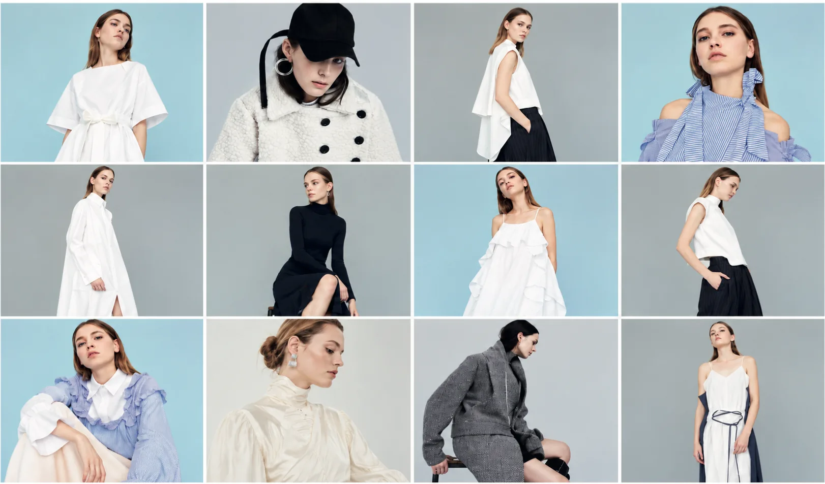 Mosaic of twelve photographs of dp studio models being worn: dresses, shirts, tops, jackets and skirts