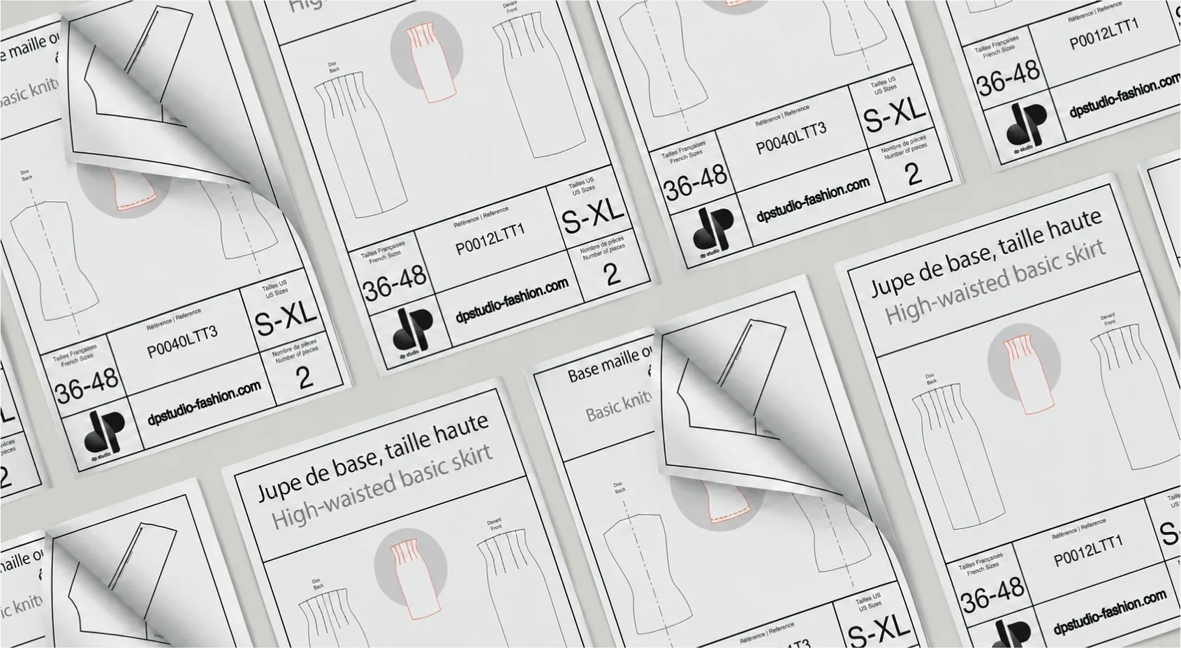 dp studio pattern envelopes laid at an angle: “High-waisted basic skirt” and “Basic knit”