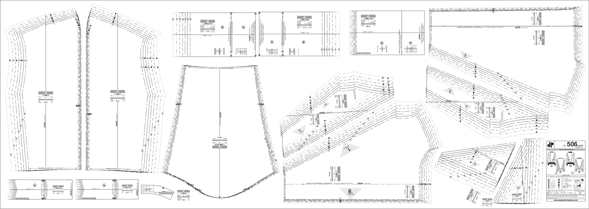 Cutting plan of the pattern “Le 506”: the pieces of the model, in black and white