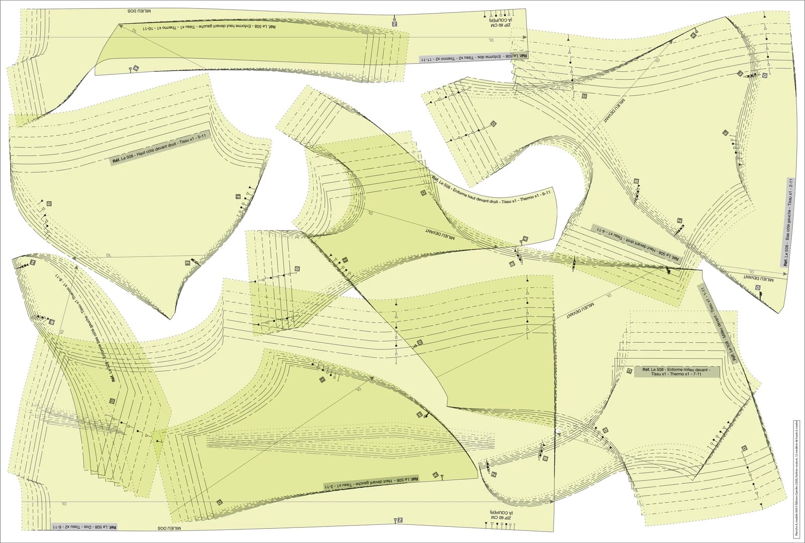 Pattern sheet for model 508: nested graded pieces, tinted yellow-green