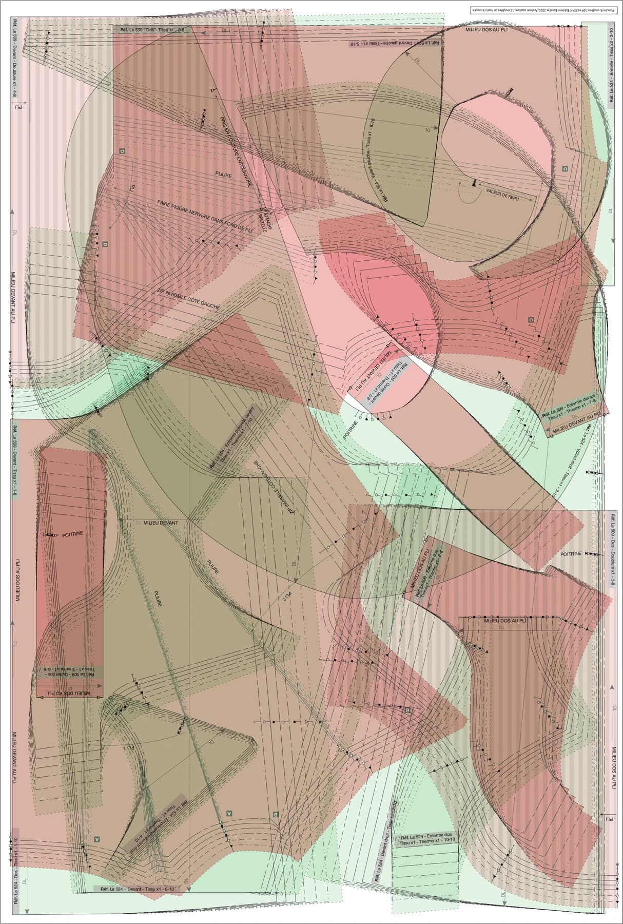 Pattern sheet for models 509 and 524: nested graded pieces, tinted pink and green
