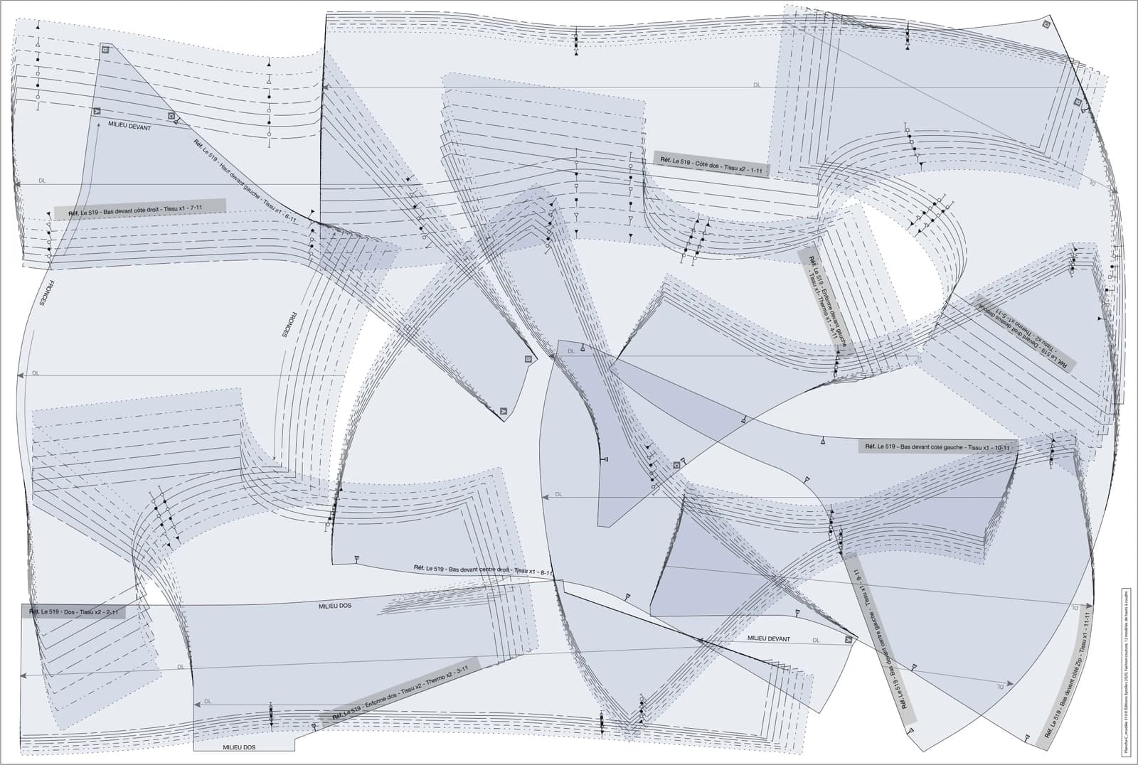 Pattern sheet for model 519: nested graded pieces, tinted blue