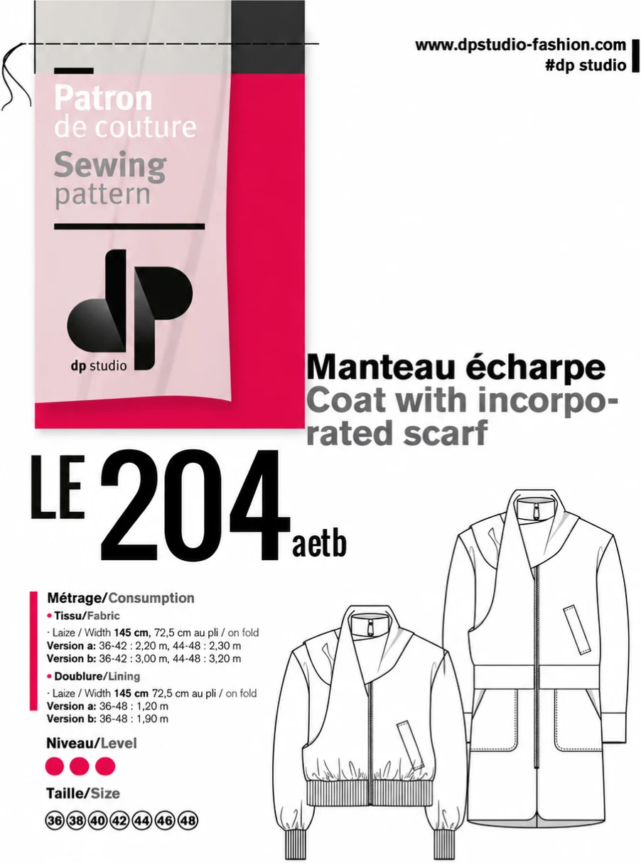 Envelope of the dp studio pattern “Le 204, coat with incorporated scarf”: technical drawings of its two versions