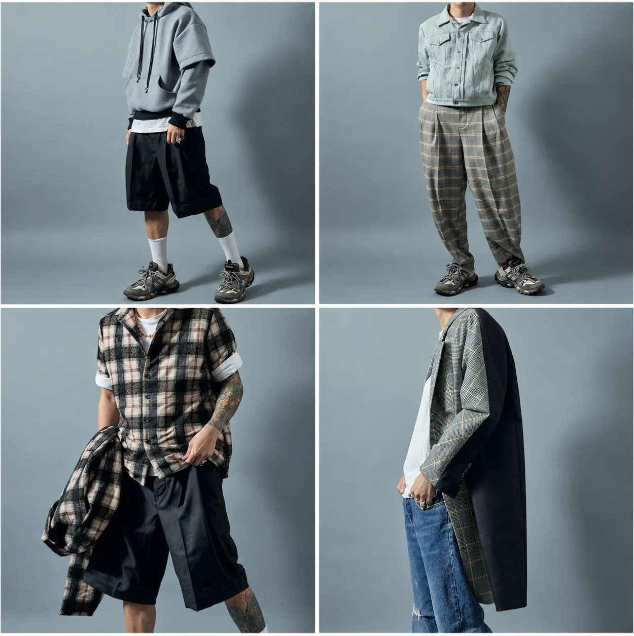 Four dp studio menswear models being worn: hoodie, denim jacket, checked shirt and two-tone coat