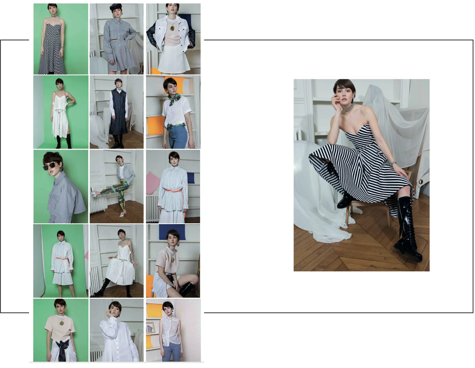 A collection against green: a sheet of fifteen looks and a black-and-white striped bustier dress