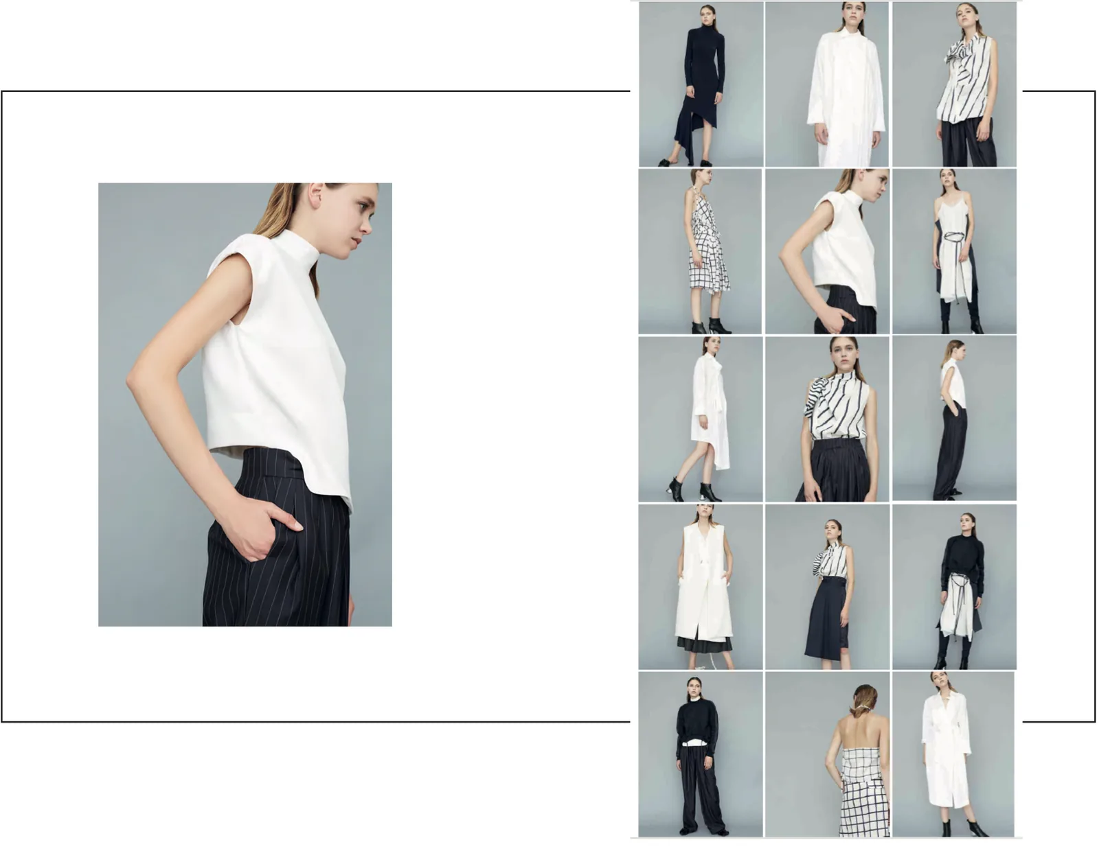 A black-and-white collection: a sleeveless white top and striped trousers, with its sheet of looks
