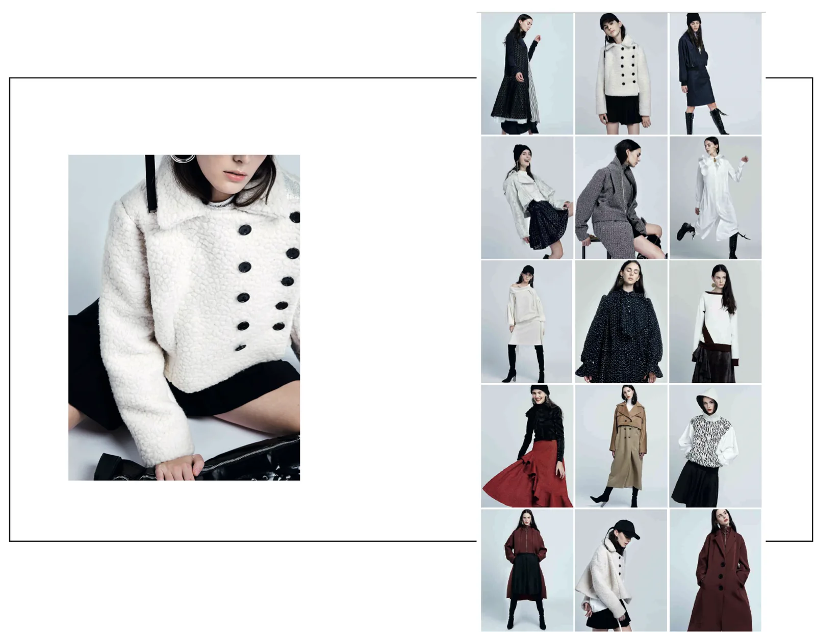 A winter collection: a white bouclé jacket with black buttons, with its sheet of looks