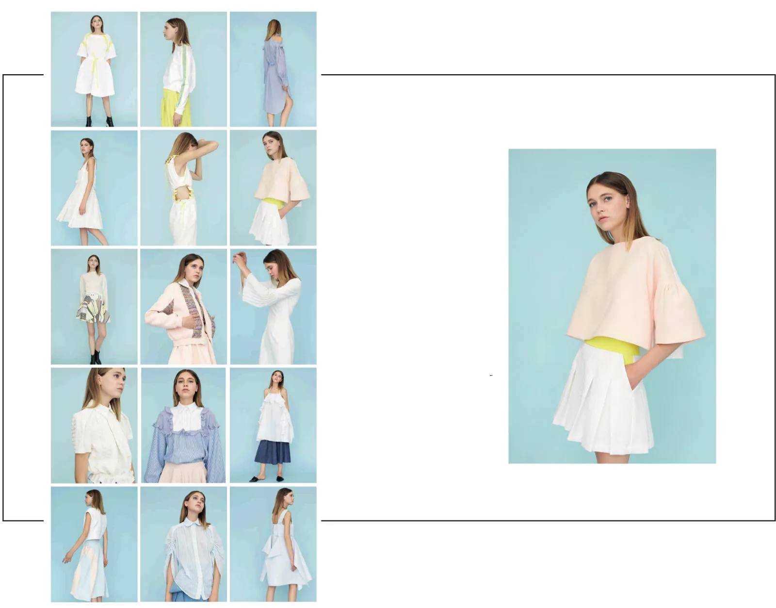 A pastel collection against blue: a pink top with flared sleeves and a white skirt, with its sheet of looks