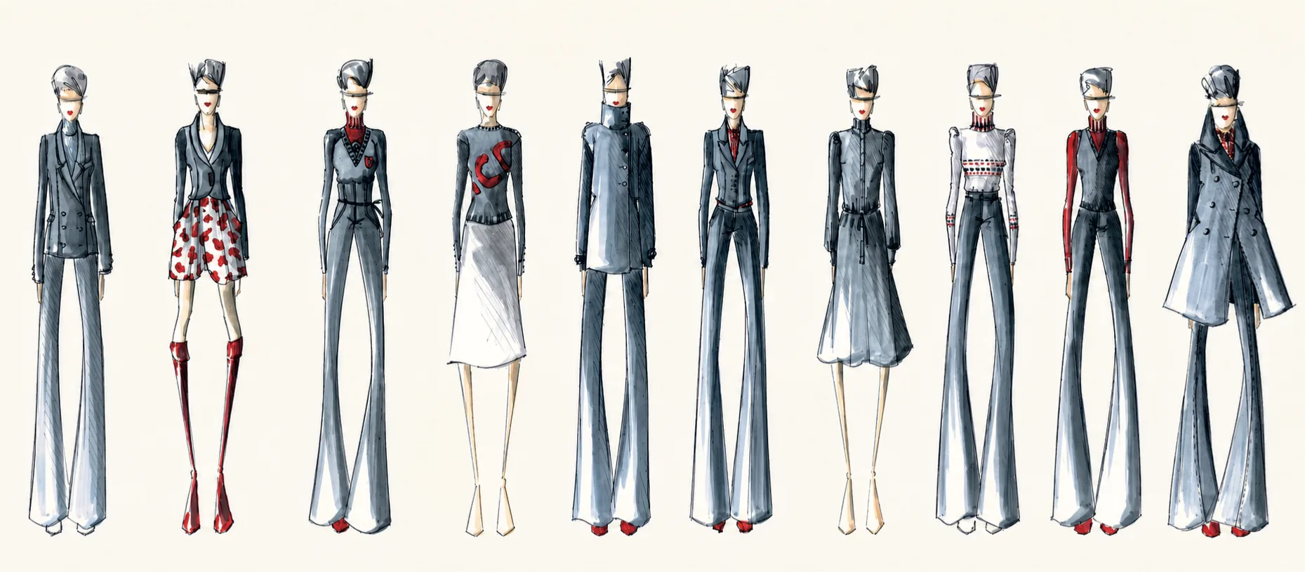 Ten silhouettes drawn in felt pen: grey-blue suits, flared trousers, touches of red