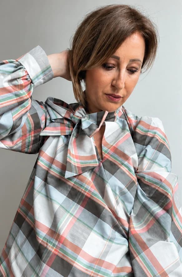 Pastel checked blouse with a large bow at the neck, made by @madeinestel