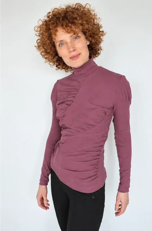 Draped plum top with a high neck, made by @sewitcurly