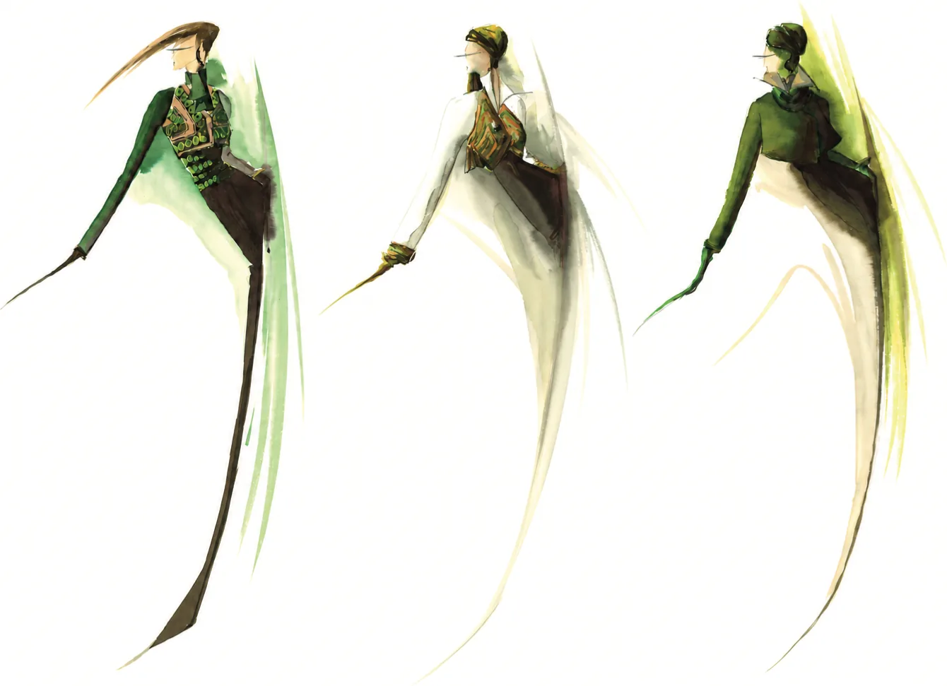 Three watercolour silhouettes in green and brown, with long tapering skirts