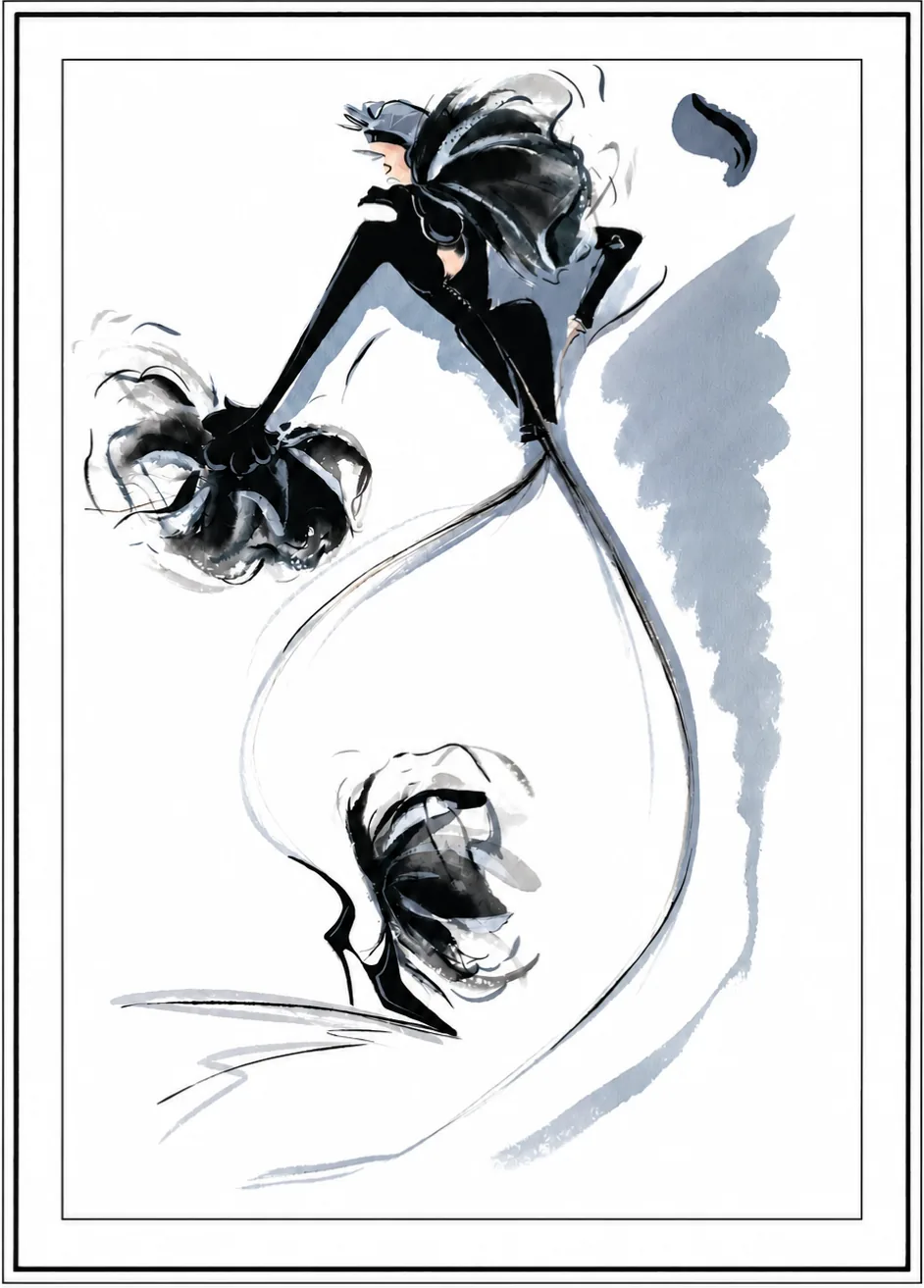 Fashion drawing in black and grey brushwork, in its double frame: a black silhouette in motion, large ruffles and a stiletto