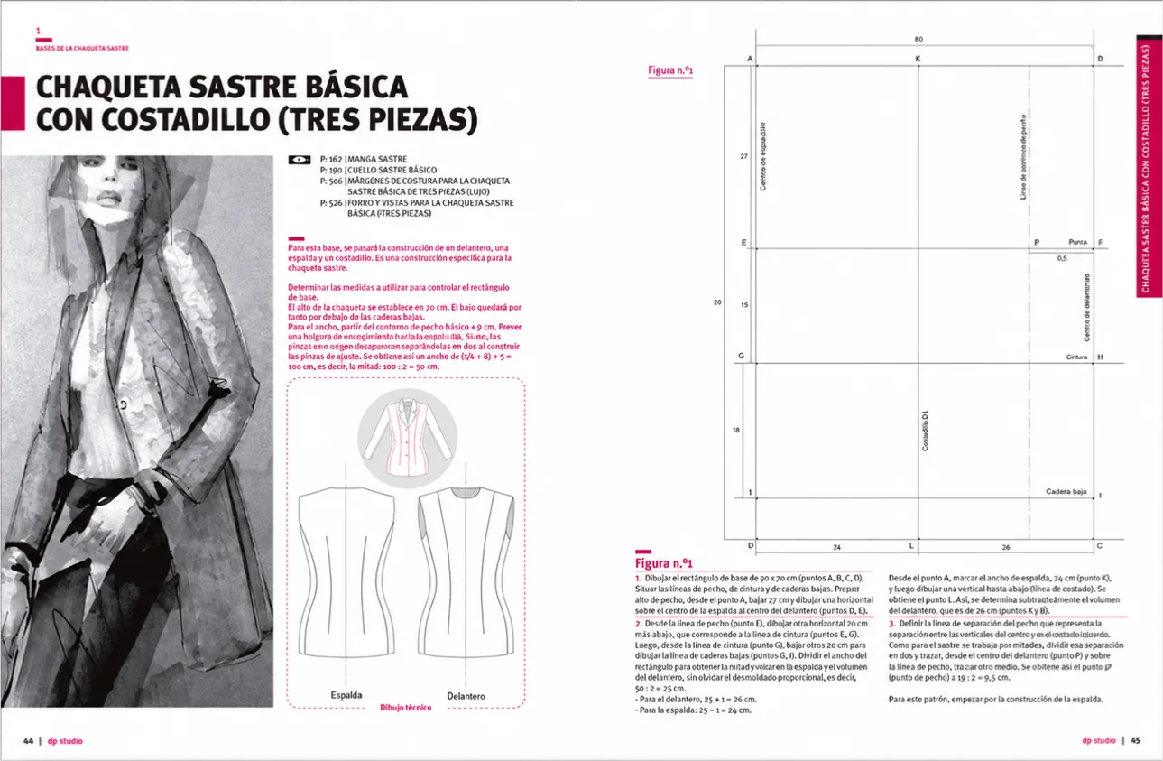 A double page of the Spanish edition: the basic tailored jacket, its drawing and its draft