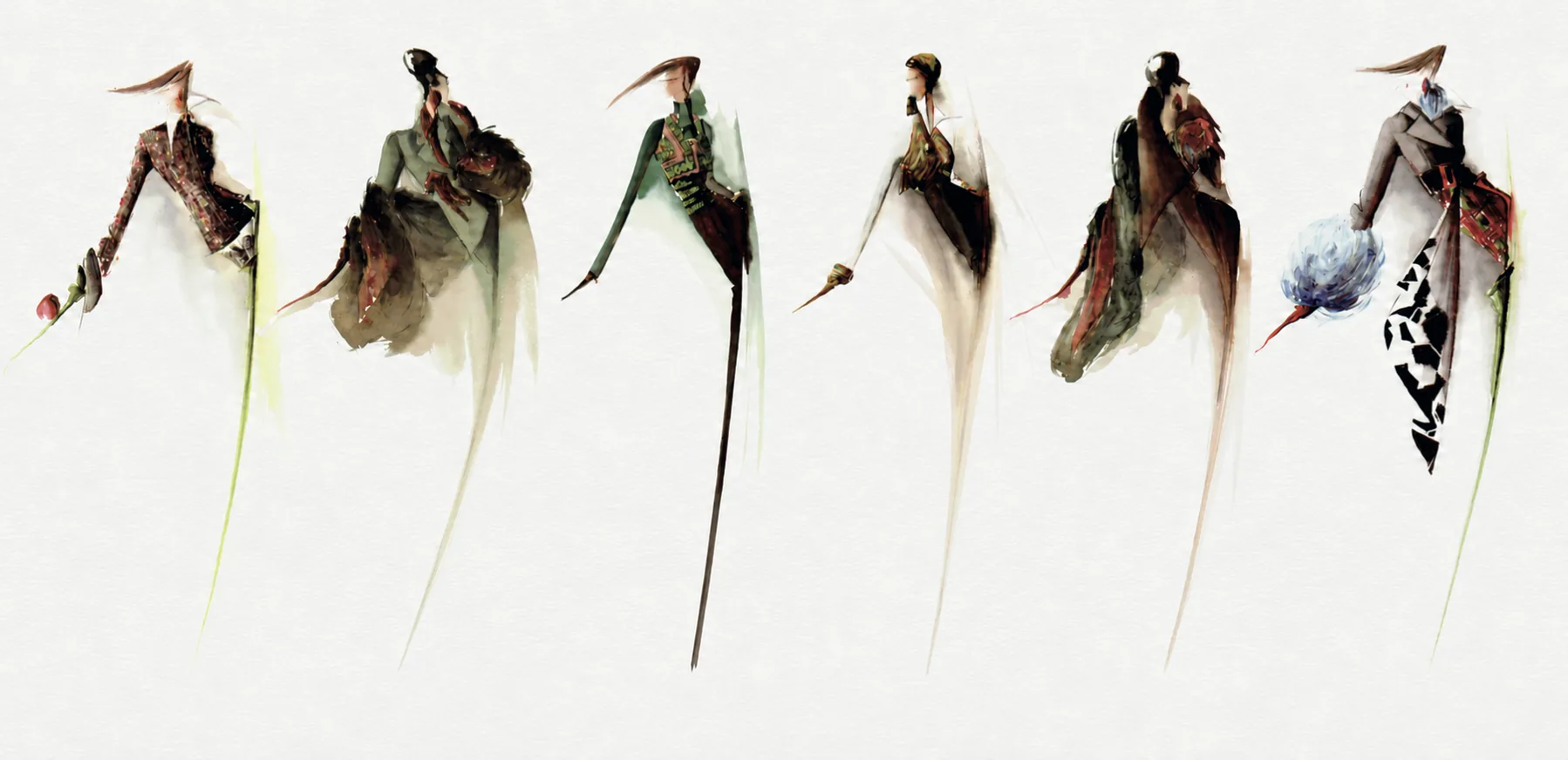 Six watercolour silhouettes on light paper, in a row
