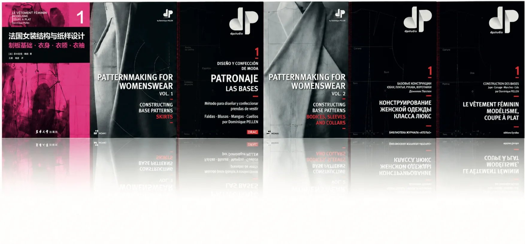 The six covers of the method and their reflection: Chinese, English (volumes 1 and 2), Spanish, Russian and French editions