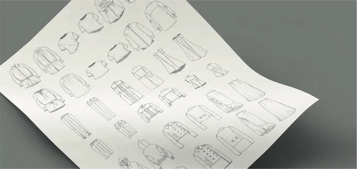 A sheet of technical drawings on a grey background: blouses, tops, trousers, skirts, jackets and hoodies
