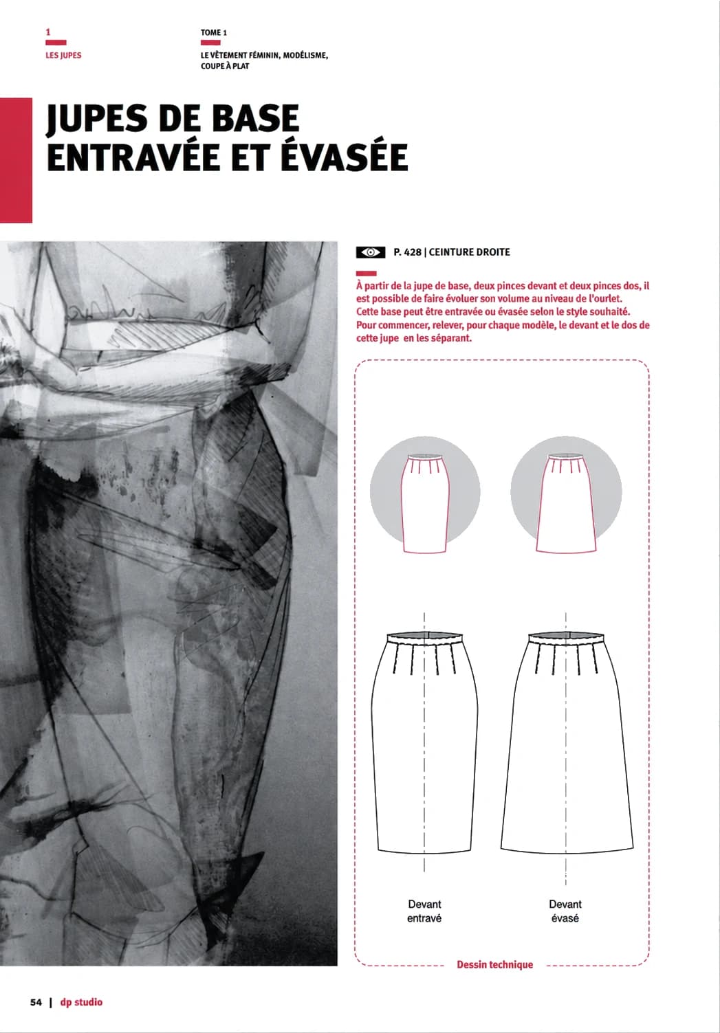 Page 54 of volume 1, “Tapered and flared skirt bases”: an ink illustration and the technical drawings of both skirts