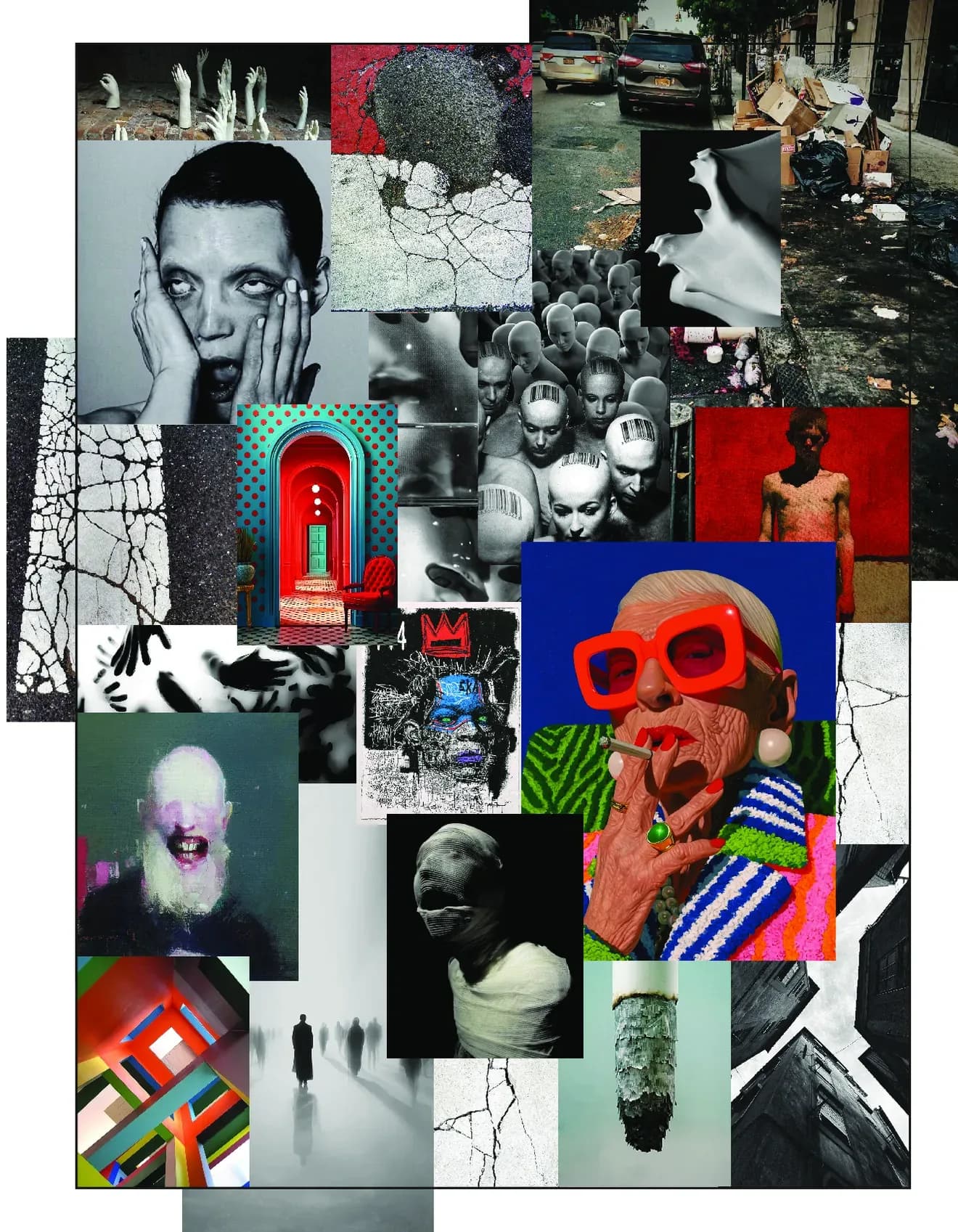 Collage of inspirations: faces, cracked asphalt, a crowd of mannequin heads, an old lady in red glasses