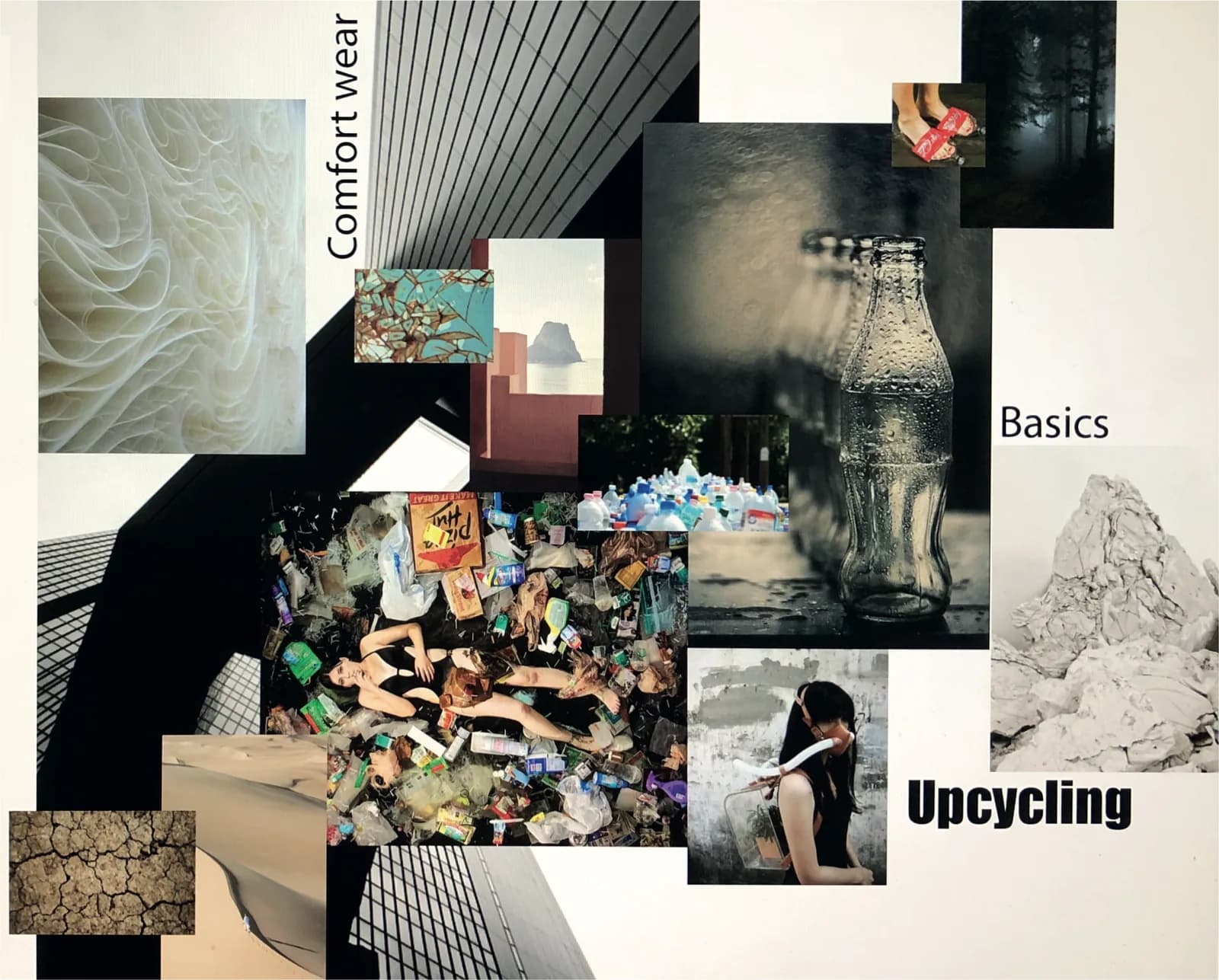 Trend board: materials, architecture and plastic waste, with the words Comfort wear, Basics and Upcycling