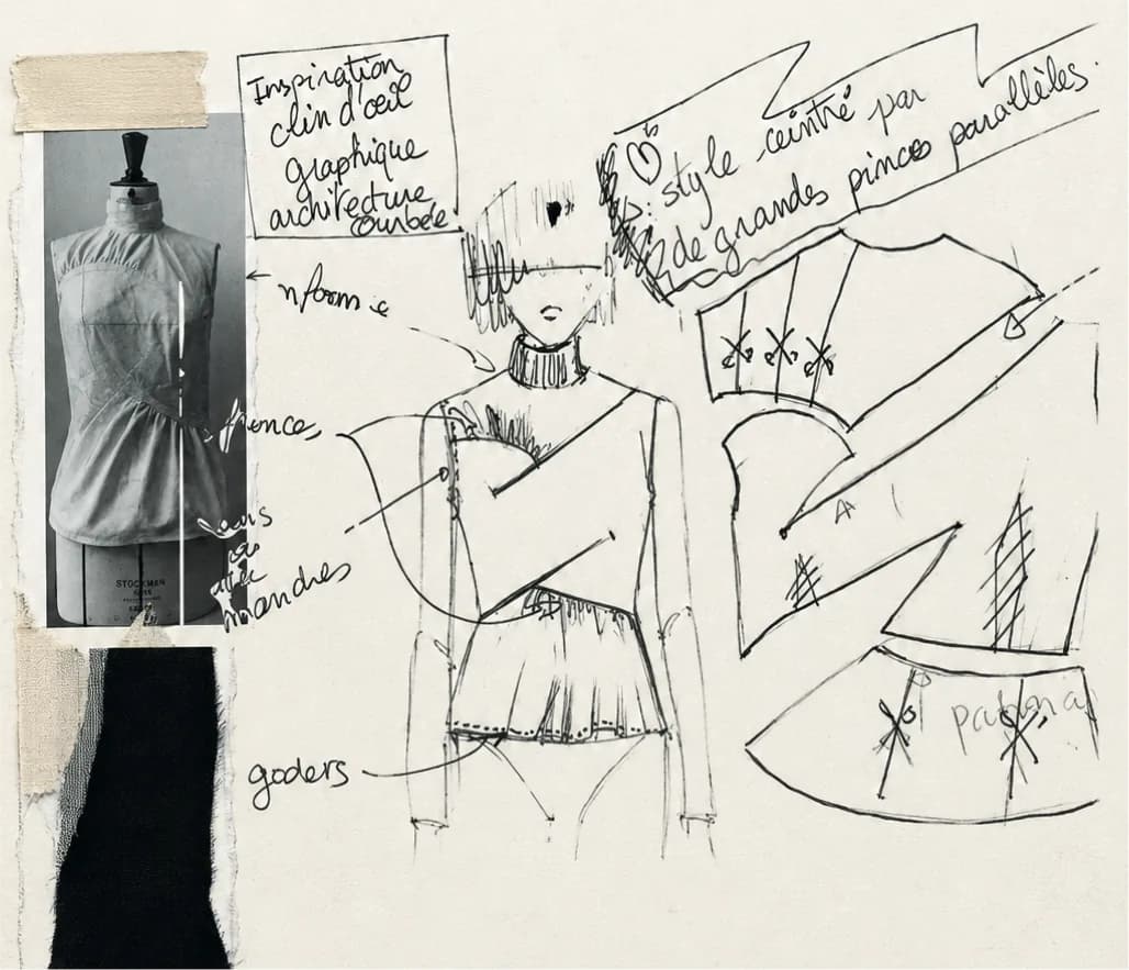 Research board: an ink sketch of a high-necked peplum top, handwritten notes, the top on a dress form and fabric swatches