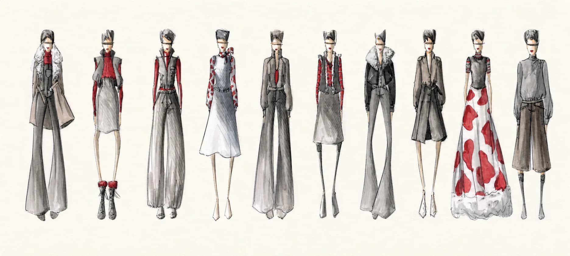 Ten watercolour silhouette sketches: wide grey coats and trousers, touches of red, a long white skirt with red polka dots