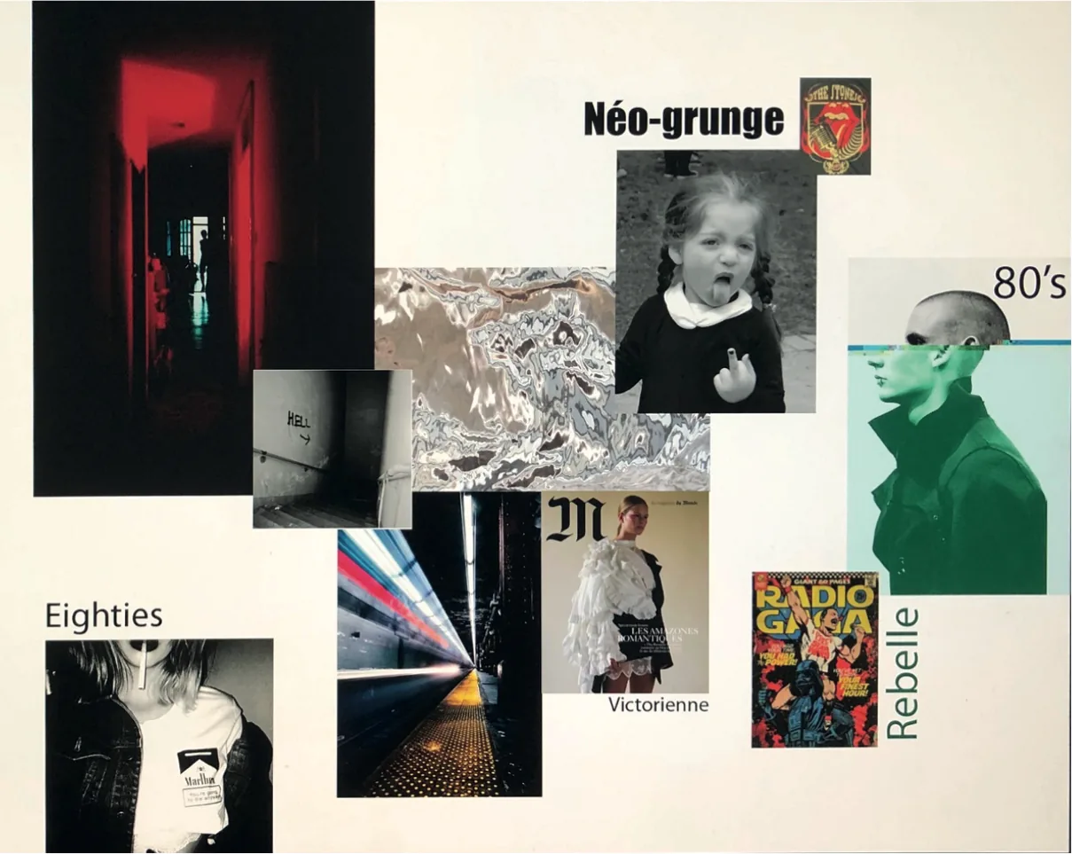 Trend board: a red corridor, metallic material, a metro platform, magazine covers, with the words Néo-grunge, 80’s, Eighties, Victorienne and Rebelle
