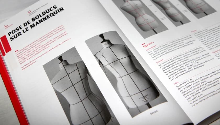 A spread from one volume, on taping the dress form: dress forms marked with their lines