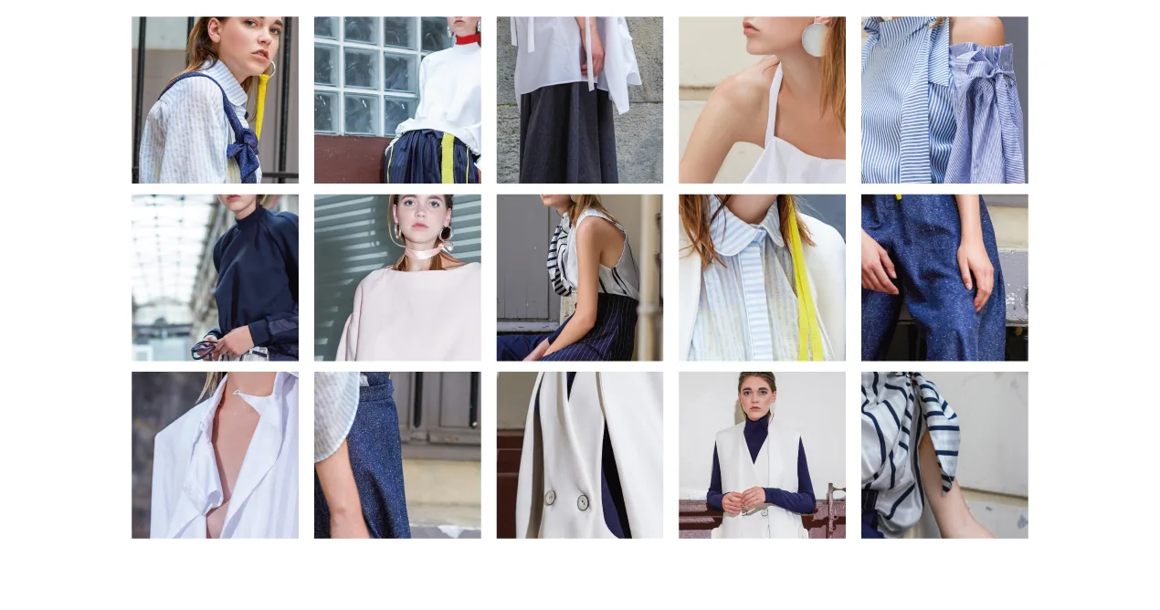 Contact sheet of fifteen photographs of looks: striped shirts, white tops, navy trousers and skirts