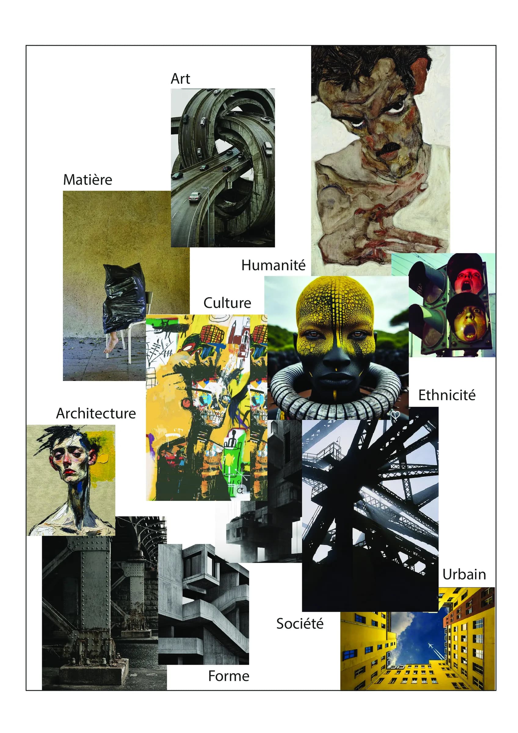 Captioned mood board: Art, Matter, Humanity, Culture, Ethnicity, Architecture, Society, Form, Urban