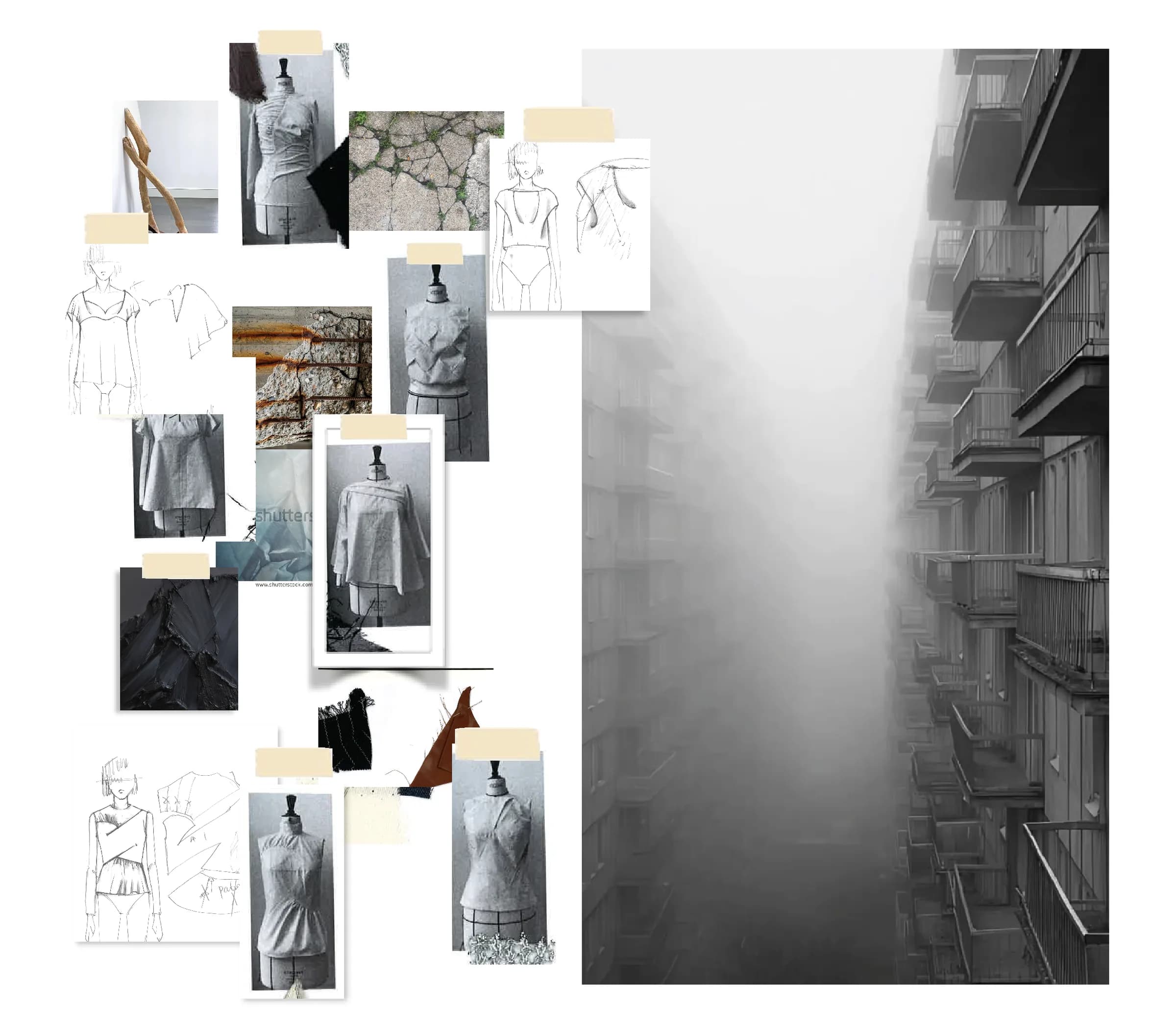 Research board: sketches, toiles mounted on a dress form and material samples, next to an apartment block lost in fog